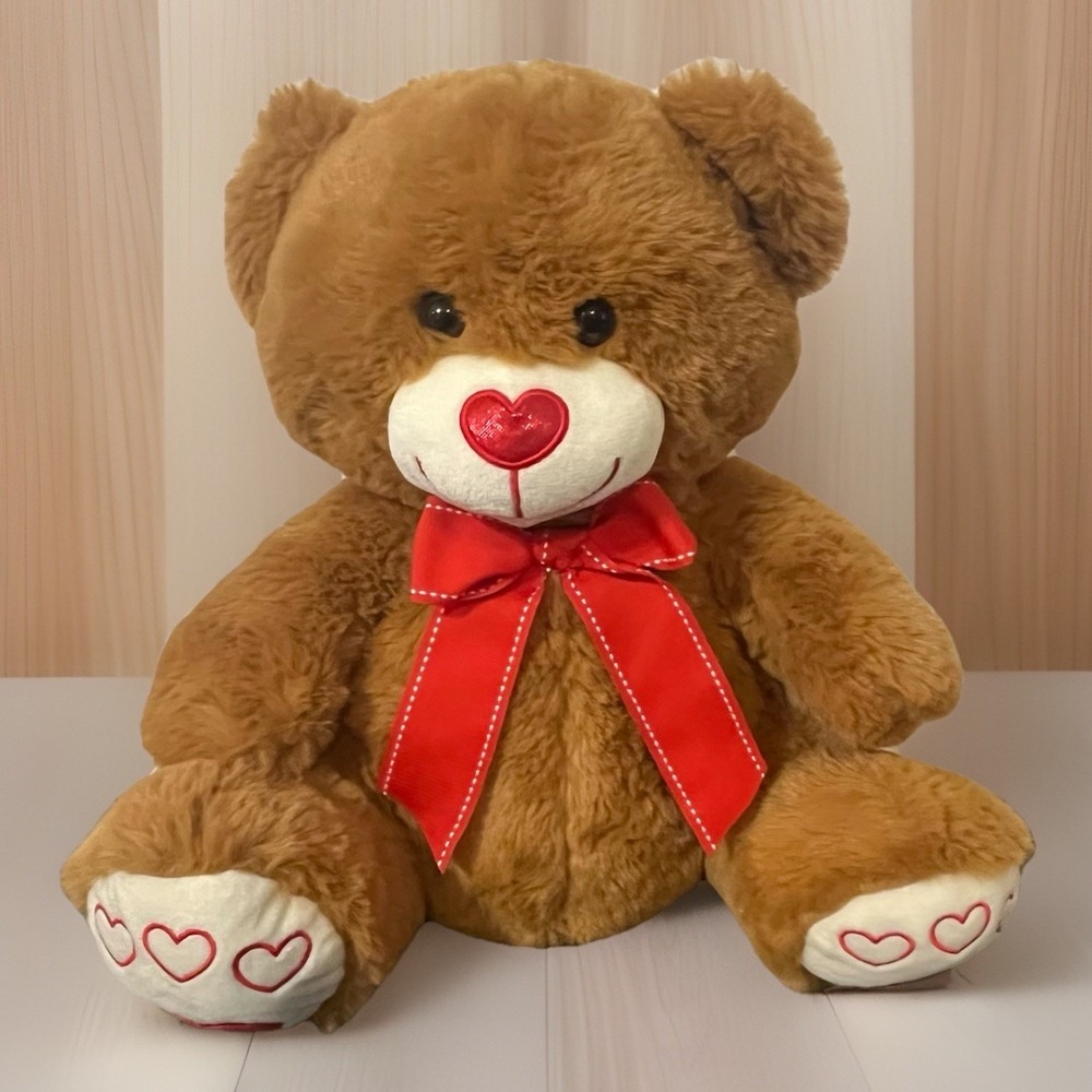 Heart Teddy Bear Brown Plush Nose Feet Red Bow Fluffy Soft Stuffed Animal Fiesta